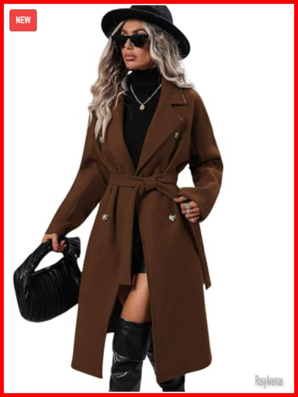 Wool Blend Long Pea Coat Notched Lapel Double Breasted Belted Winter Overcoat